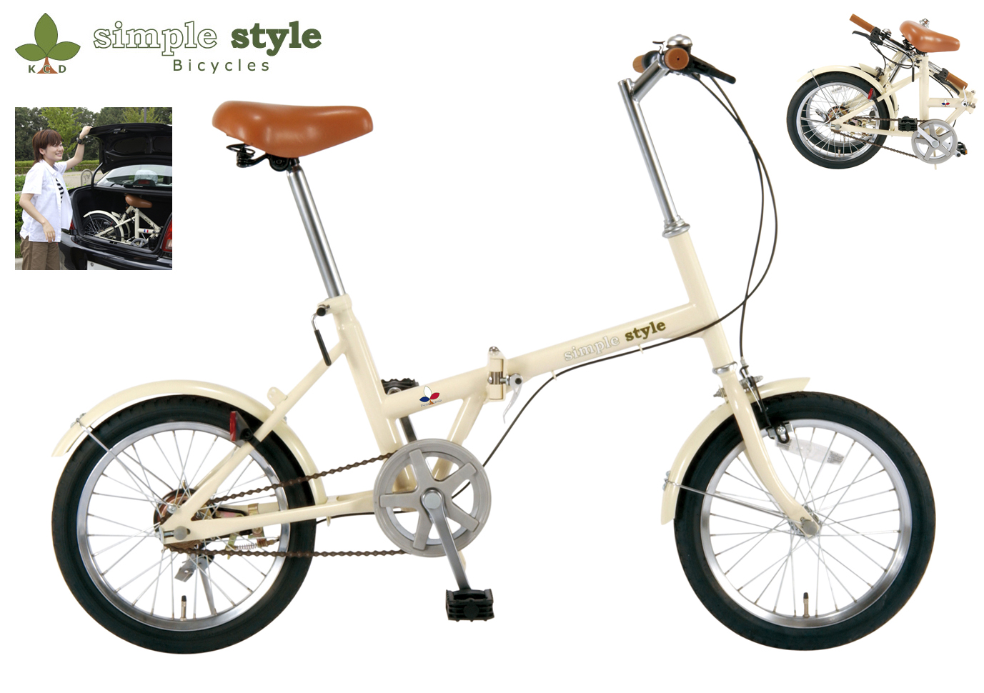【KCD】16型折りたたみ自転車　シンプルスタイル　使用時/約135×53×高さ92cm　アイボリー