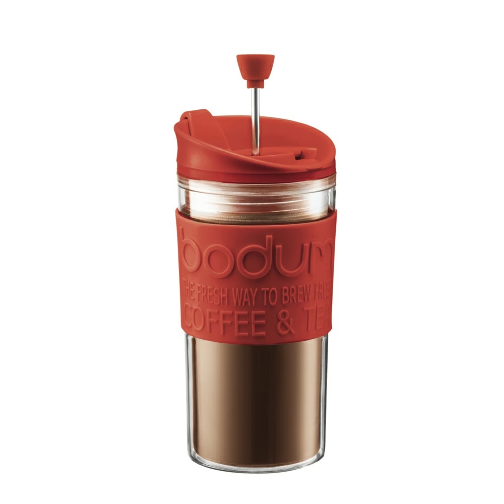 【bodum】 トラベルプレス 携帯用フレンチプレスコーヒーメーカー マグ用リッド付き レッド タンブラー フィルター